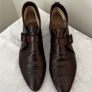 Bally Dark Brown Pointed Leather Ankle Booties with Buckle